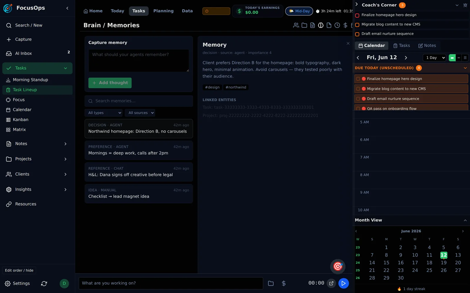 FocusOps Brain view showing agent memories with tags and linked entities