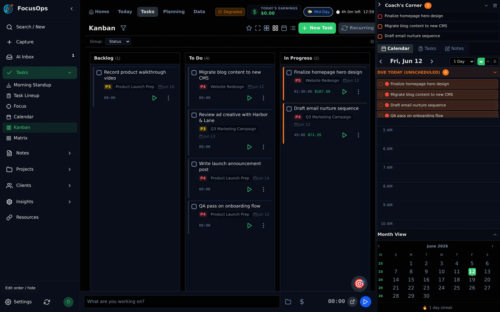 FocusOps Kanban board grouped by status