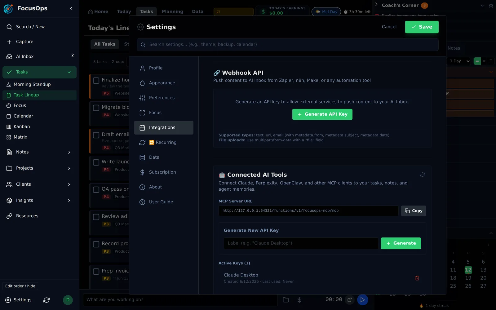 FocusOps Connected AI Tools settings with MCP server URL and API keys