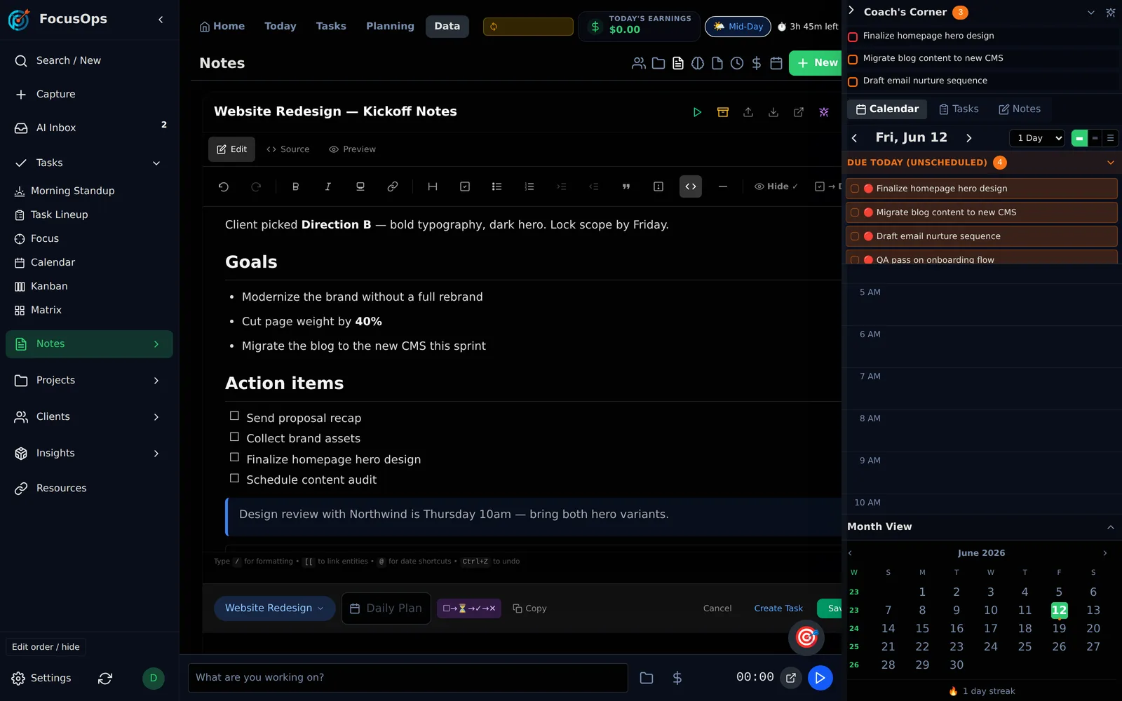 FocusOps markdown note editor with headings, checklists, callouts, and code blocks