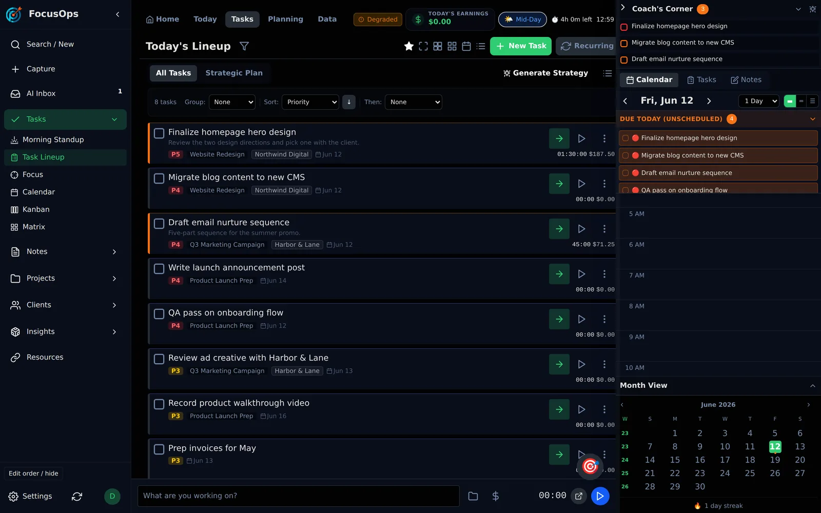 FocusOps Today's Lineup view with task list, AI coach panel, and day calendar
