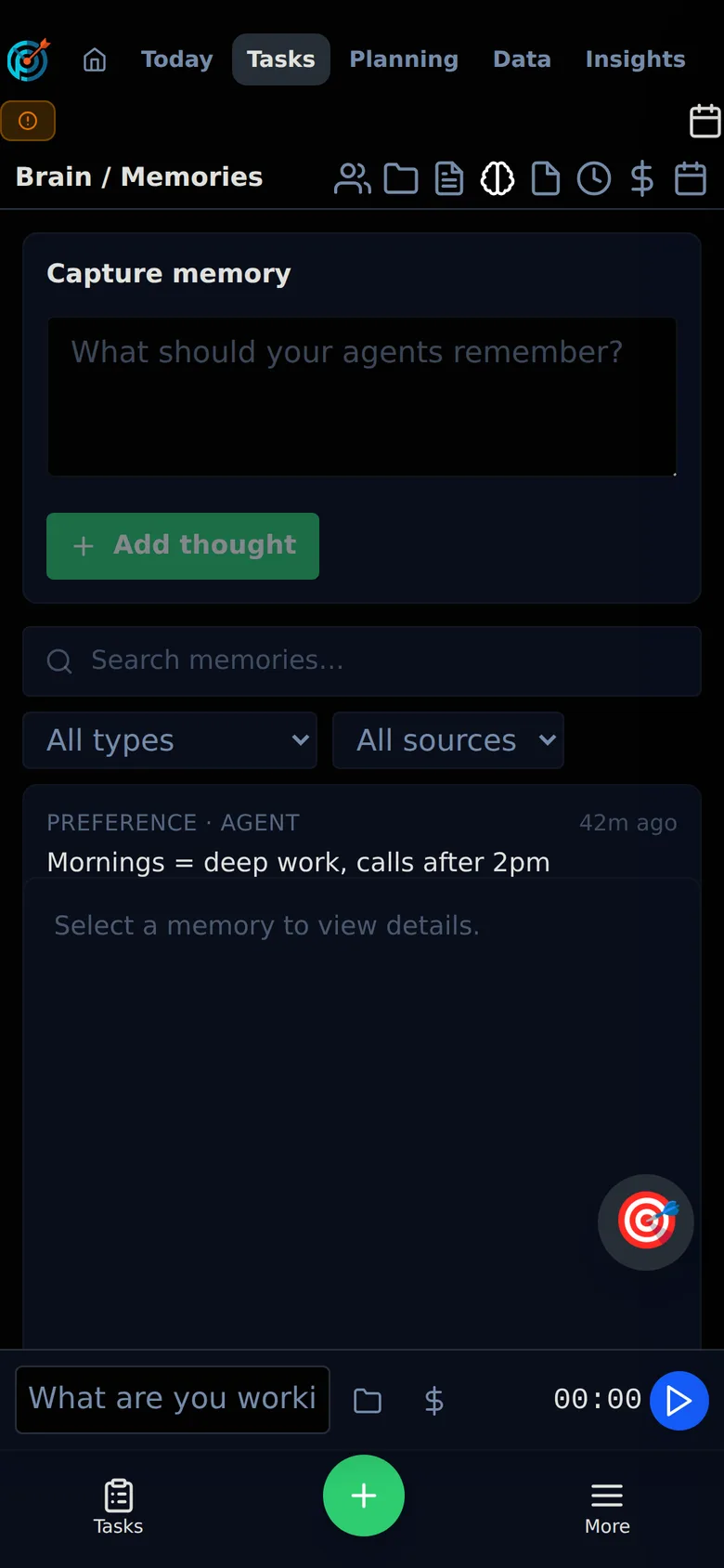 FocusOps mobile Brain view for capturing agent memories