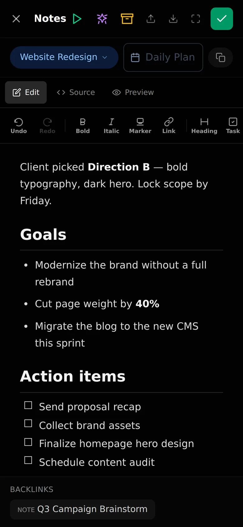 FocusOps mobile markdown note editor with backlinks
